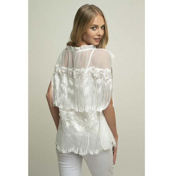 Anthropologie Eva Franco Babs Fringe Sleeveless White Top in Mesh Meringue - Picture 2 of 5
